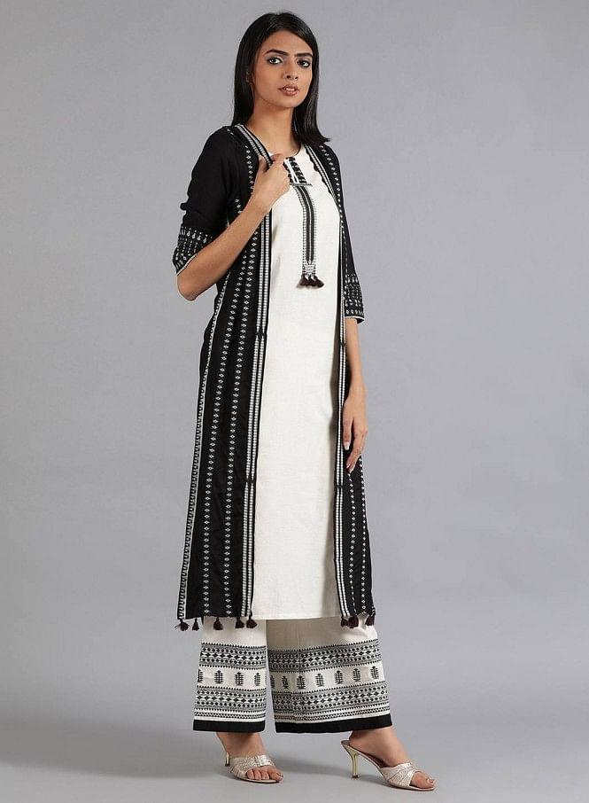 Black &amp; Ecru Round Neck Tasselled kurta - wforwoman