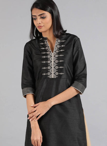 Black Mandarin Neck Solid kurta - wforwoman