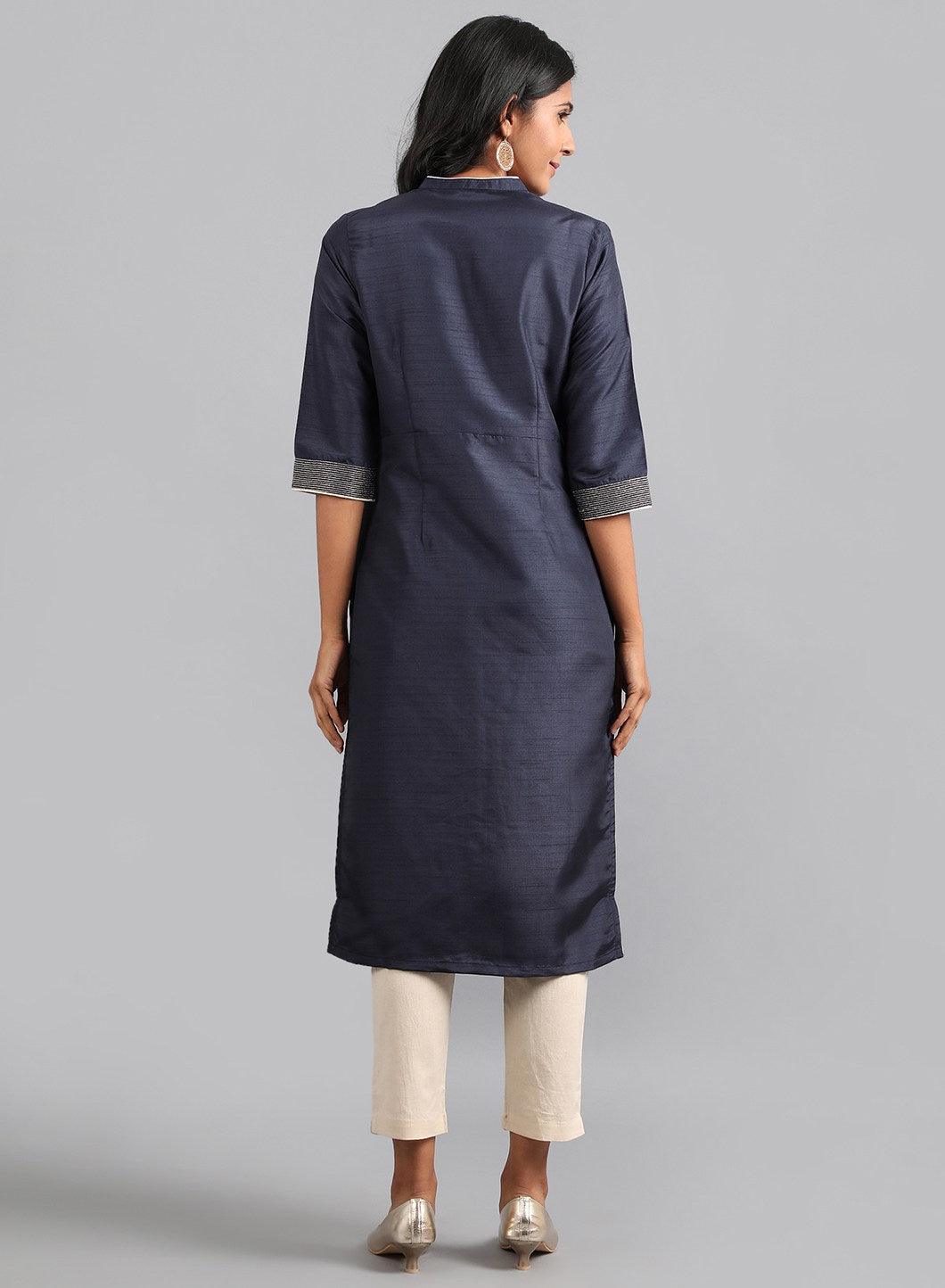 Blue Mandarin Neck Solid kurta - wforwoman