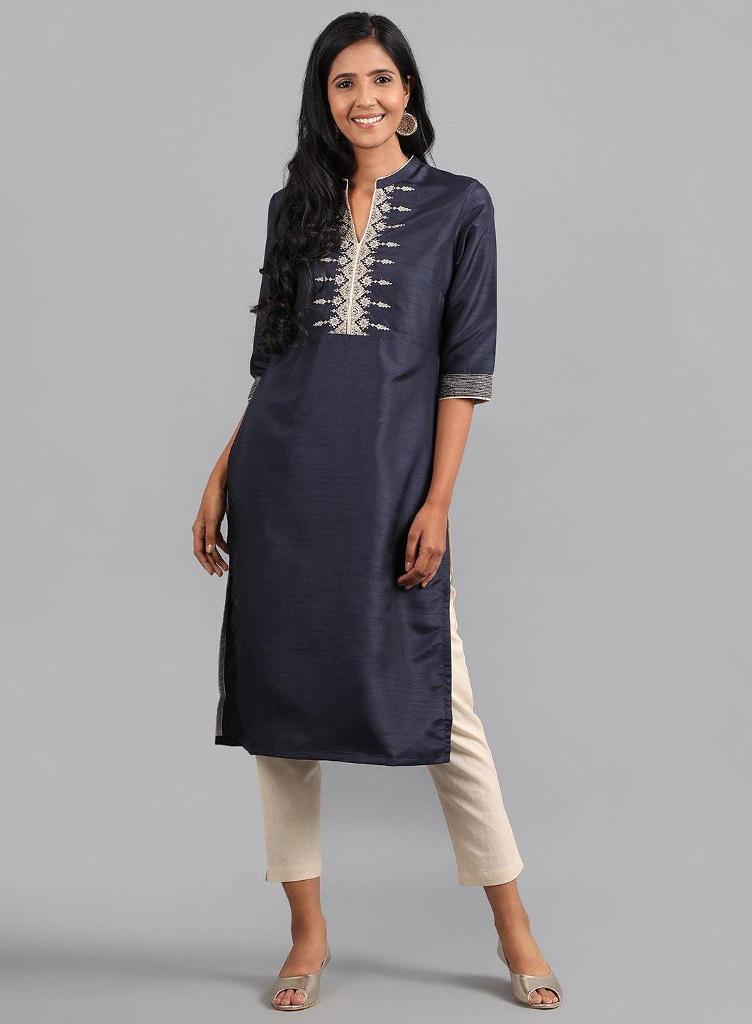 Blue Mandarin Neck Solid kurta - wforwoman