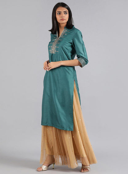 Green Mandarin Neck Solid kurta - wforwoman