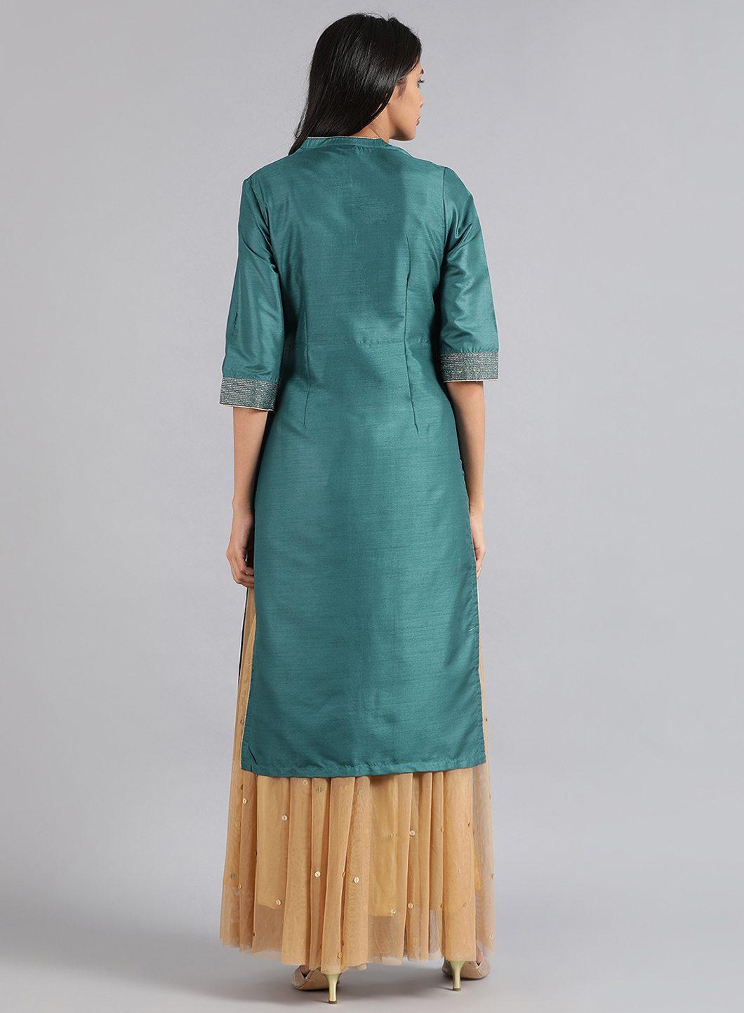 Green Mandarin Neck Solid kurta - wforwoman