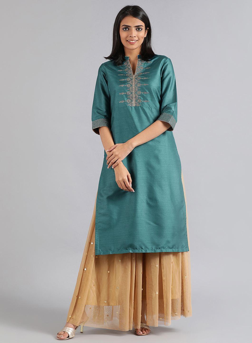 Green Mandarin Neck Solid kurta - wforwoman