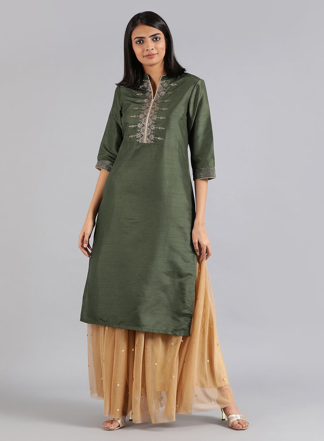 Green Mandarin Neck Solid kurta