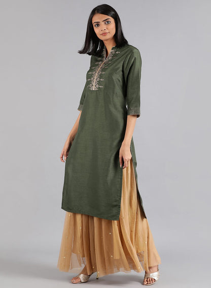 Green Mandarin Neck Solid kurta