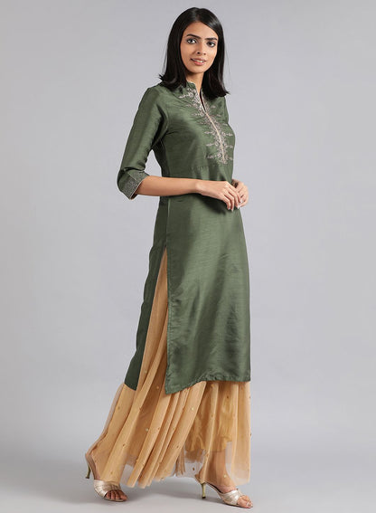 Green Mandarin Neck Solid kurta