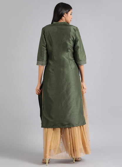 Green Mandarin Neck Solid kurta