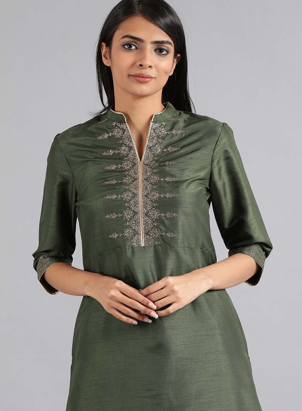 Green Mandarin Neck Solid kurta