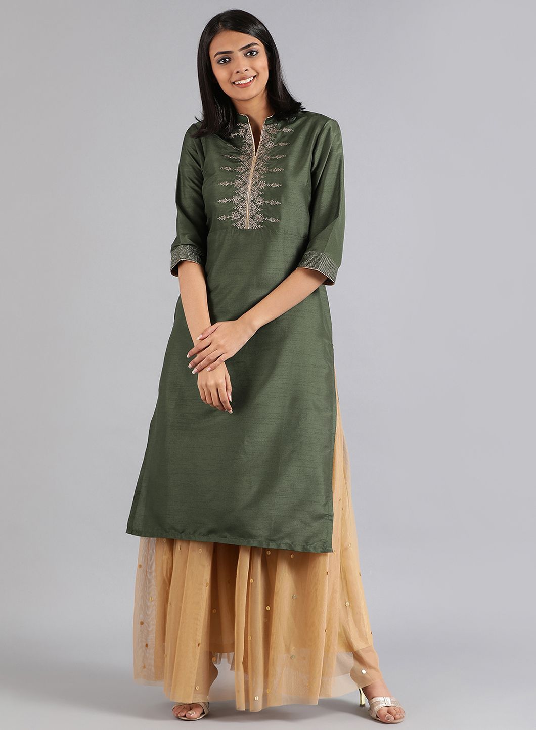 Green Mandarin Neck Solid kurta