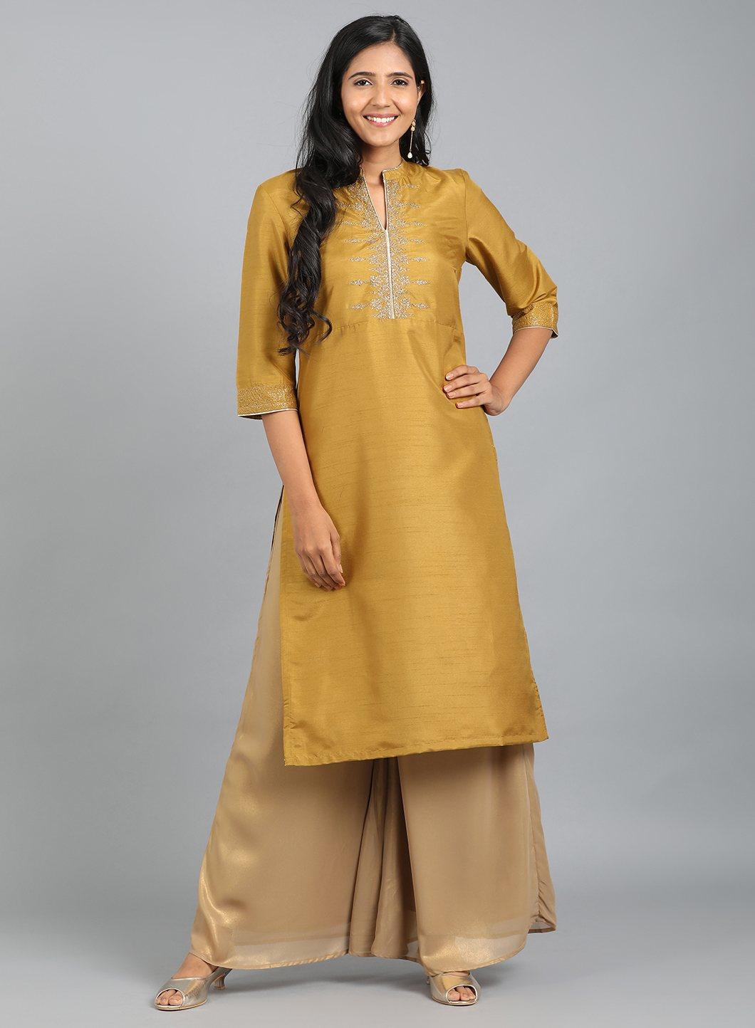 Yellow Mandarin Neck Embellished kurta - wforwoman