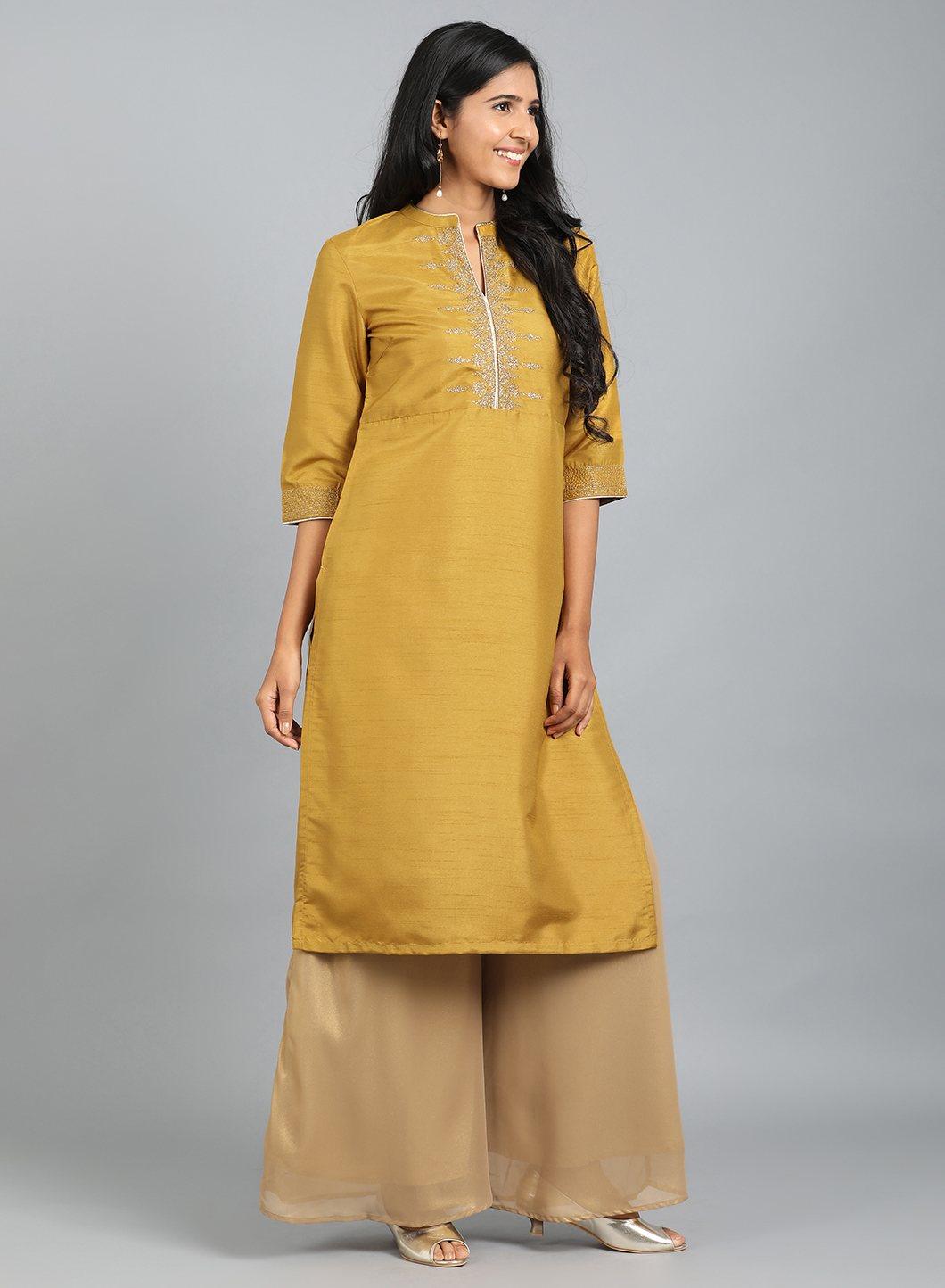 Yellow Mandarin Neck Embellished kurta - wforwoman