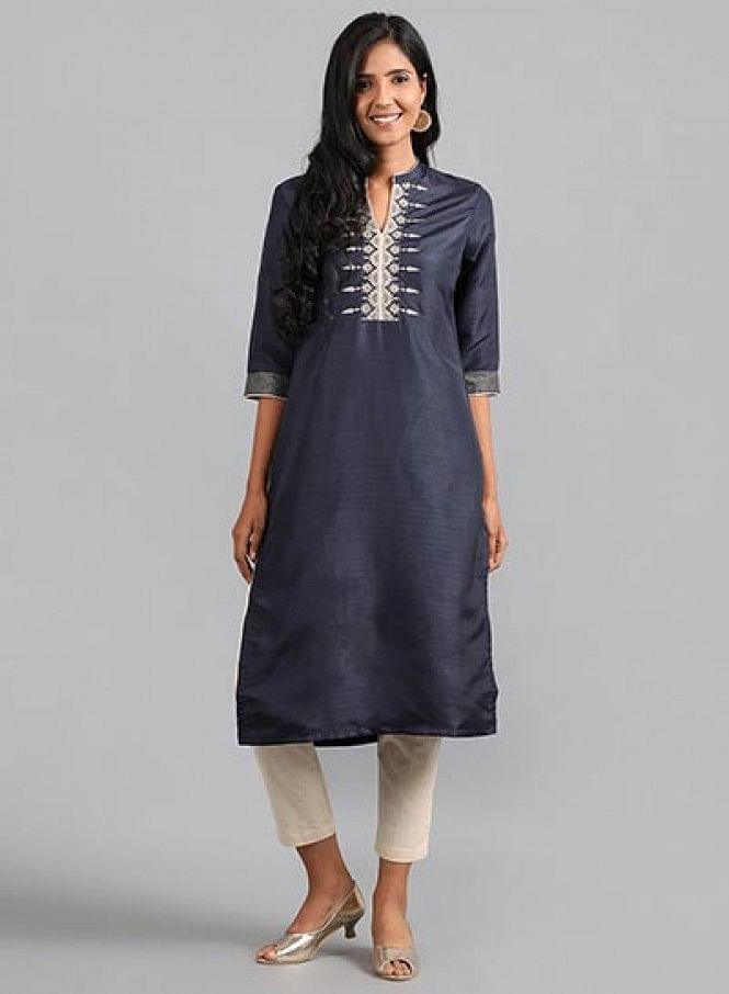 Blue Mandarin Neck Solid kurta - wforwoman