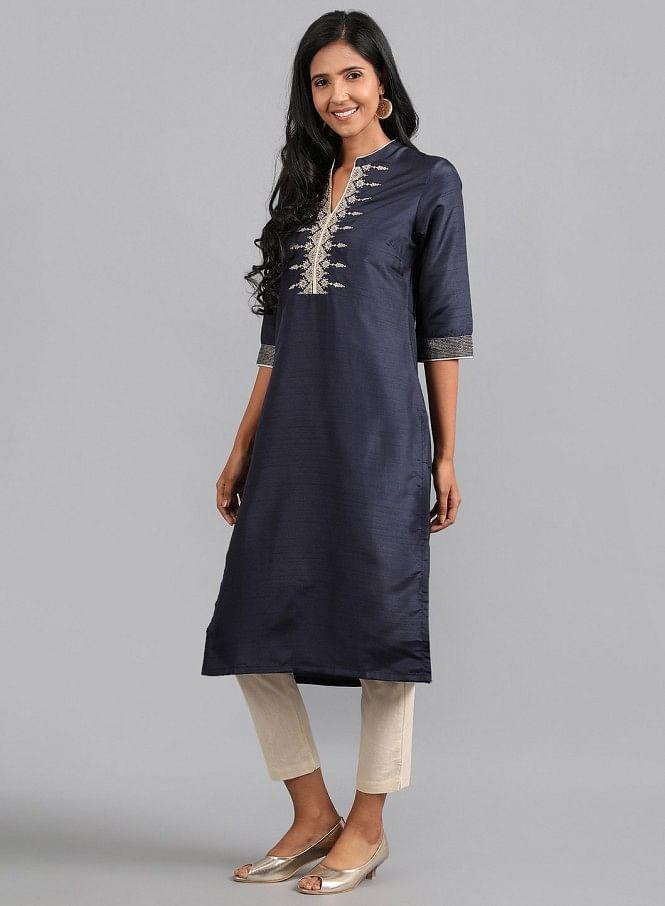 Blue Mandarin Neck Solid kurta - wforwoman