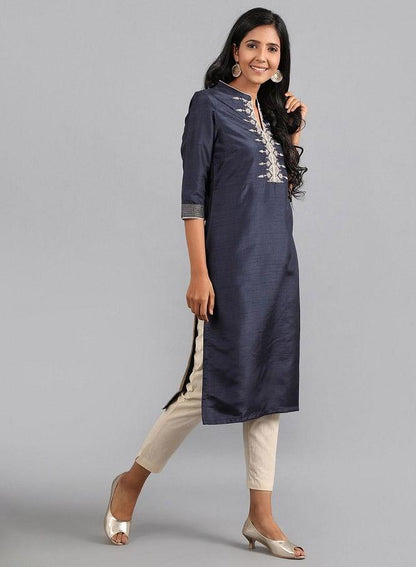 Blue Mandarin Neck Solid kurta - wforwoman