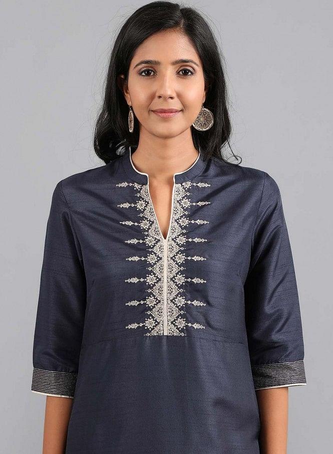 Blue Mandarin Neck Solid kurta - wforwoman