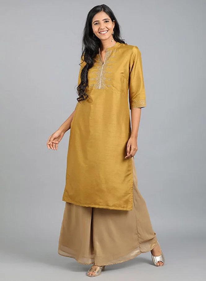 Yellow Mandarin Neck Embellished kurta - wforwoman