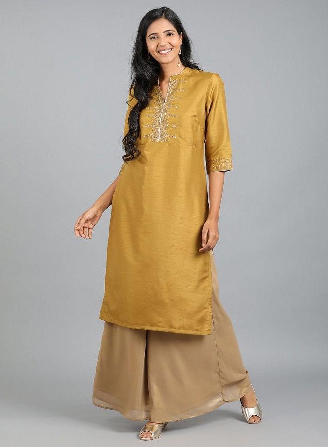 Yellow Mandarin Neck Embellished kurta - wforwoman