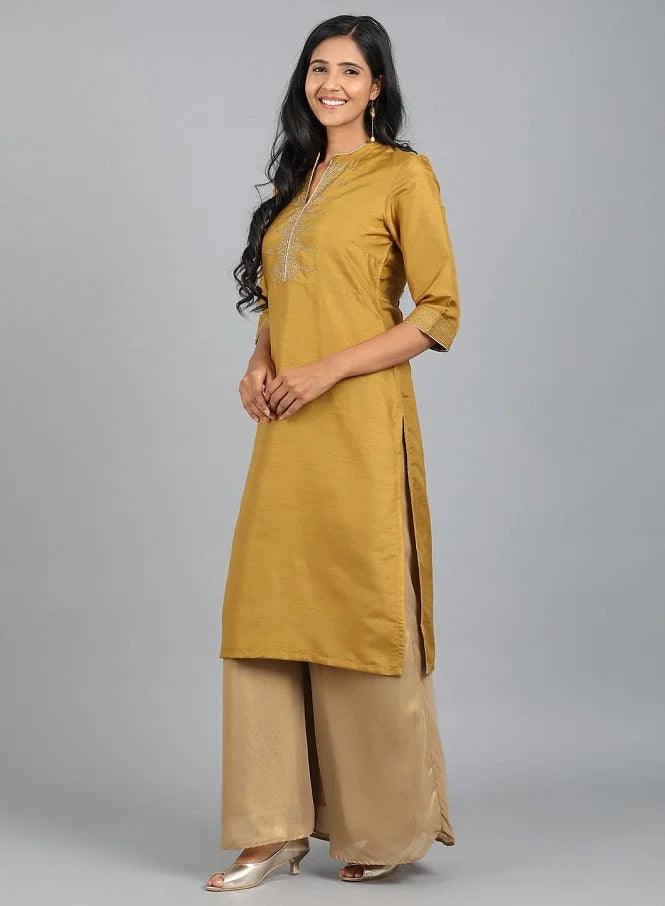 Yellow Mandarin Neck Embellished kurta - wforwoman