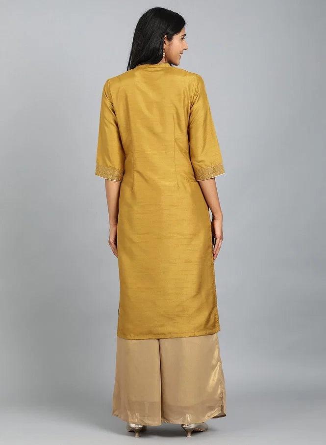 Yellow Mandarin Neck Embellished kurta - wforwoman