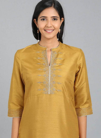 Yellow Mandarin Neck Embellished kurta - wforwoman