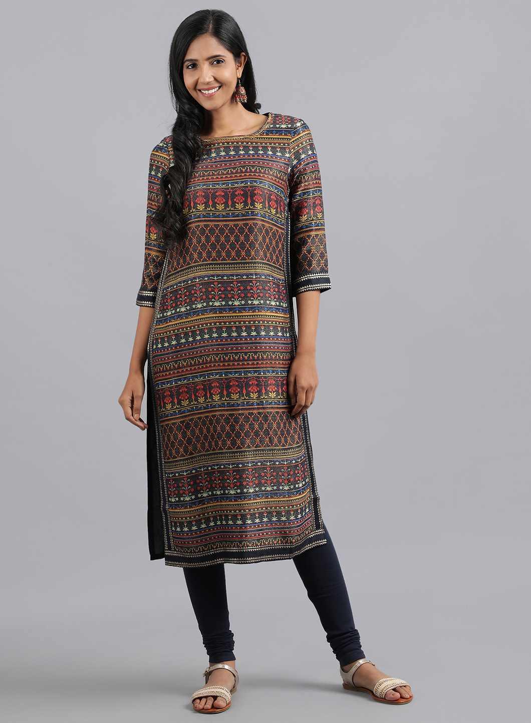 Multicoloured Round Neck Printed kurta - wforwoman