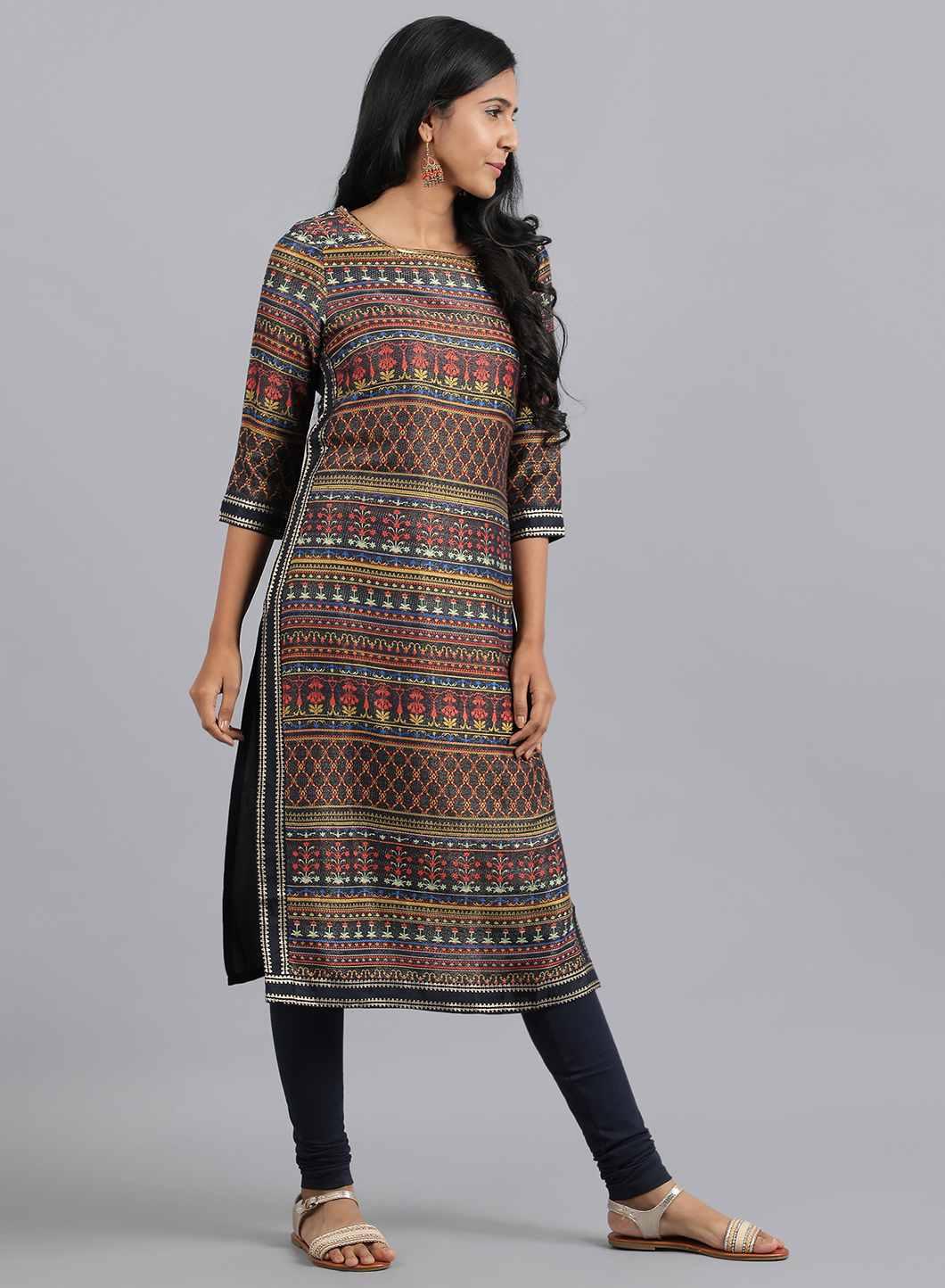 Multicoloured Round Neck Printed kurta - wforwoman