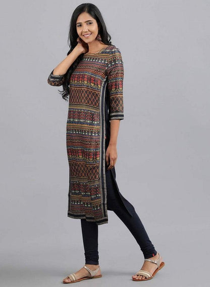 Multicoloured Round Neck Printed kurta - wforwoman