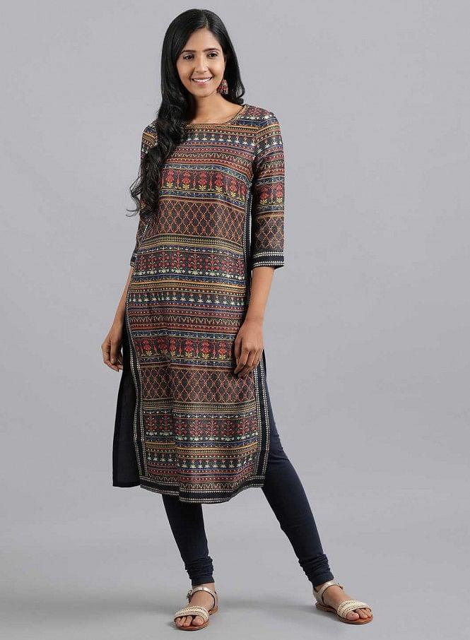 Multicoloured Round Neck Printed kurta - wforwoman