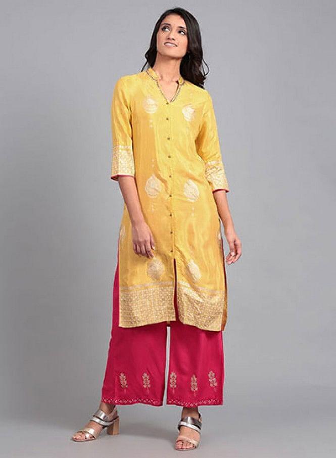 Yellow Mandarin Neck Printed kurta - wforwoman
