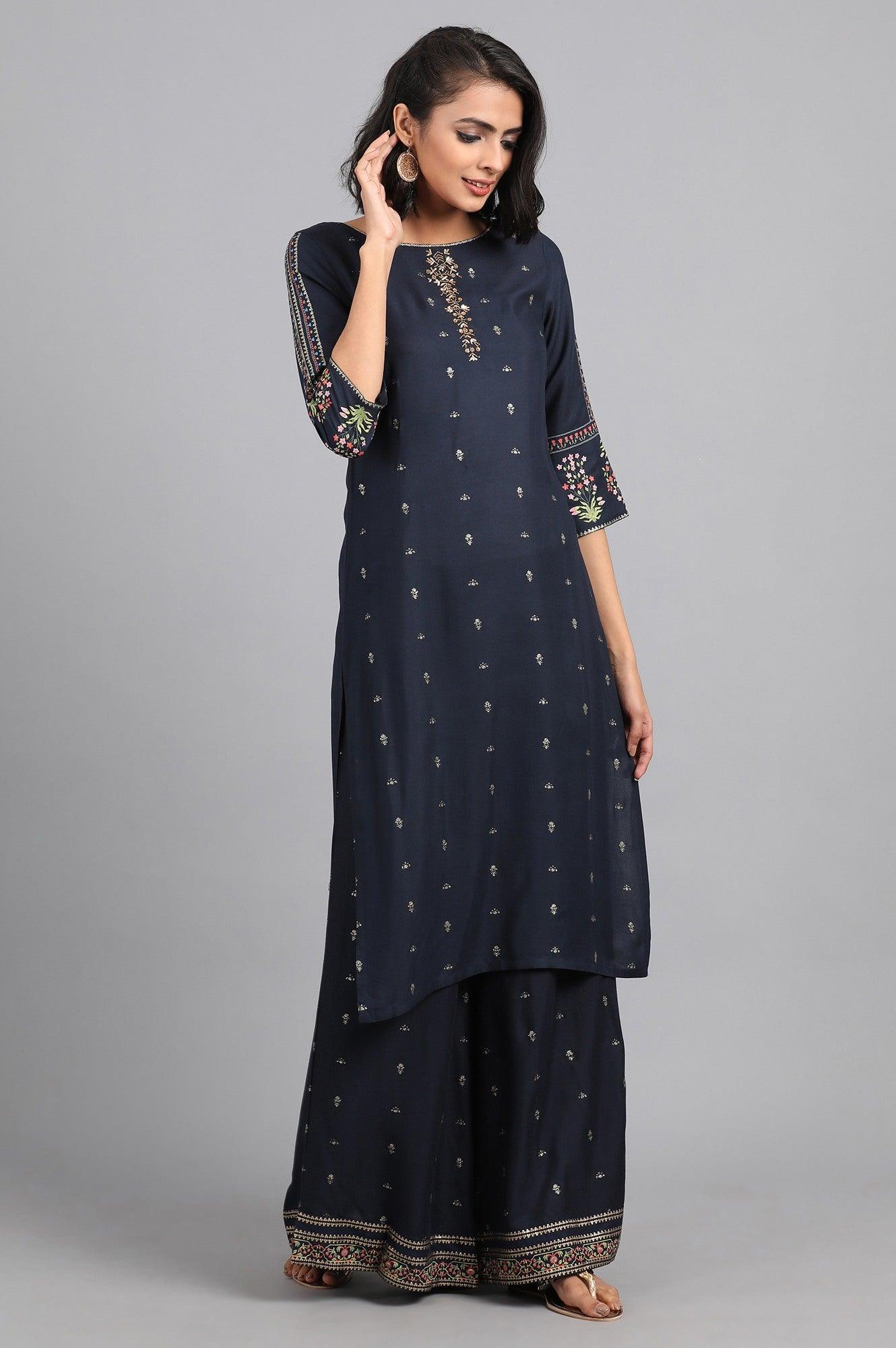 Black Mandarin Neck Printed kurta - wforwoman