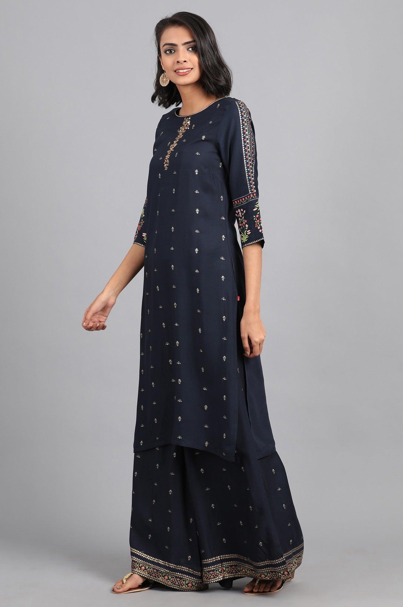 Black Mandarin Neck Printed kurta - wforwoman