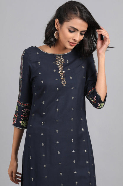 Black Mandarin Neck Printed kurta - wforwoman