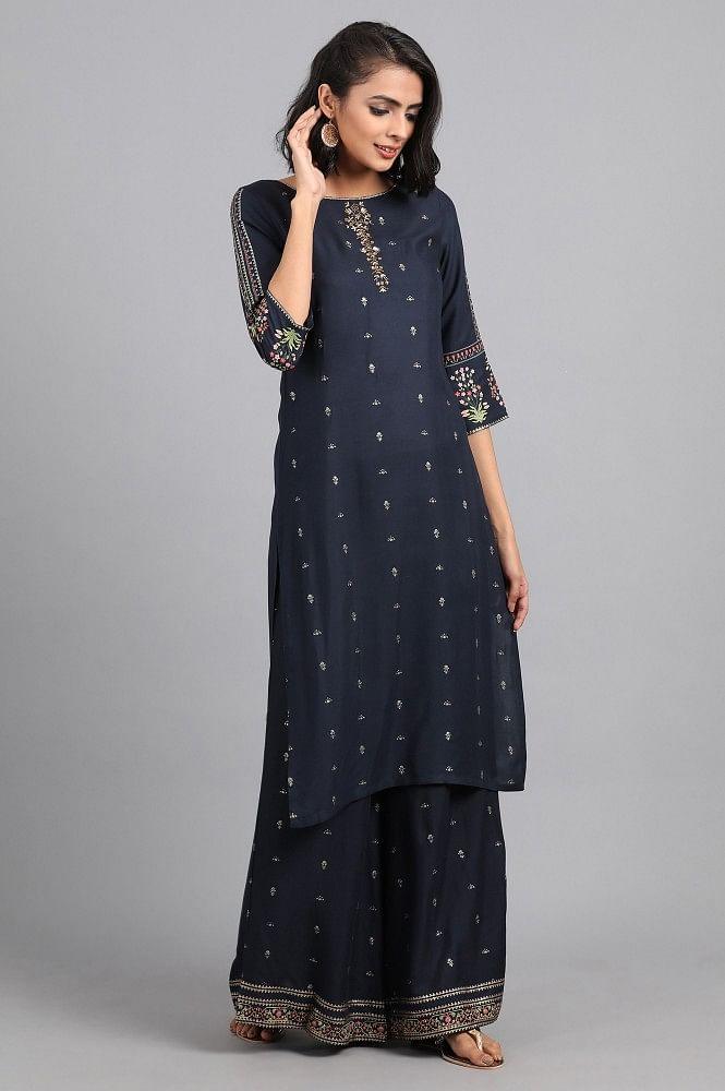 Blue Round Neck Glitter Print kurta - wforwoman