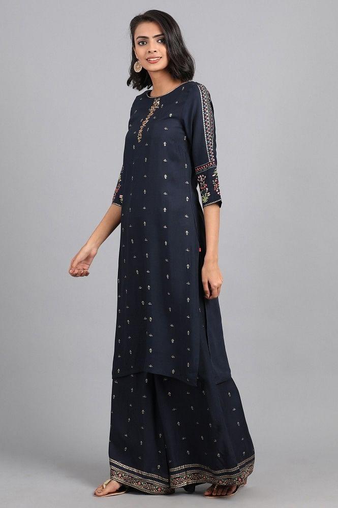 Blue Round Neck Glitter Print kurta - wforwoman