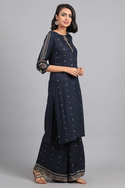 Blue Round Neck Glitter Print kurta - wforwoman