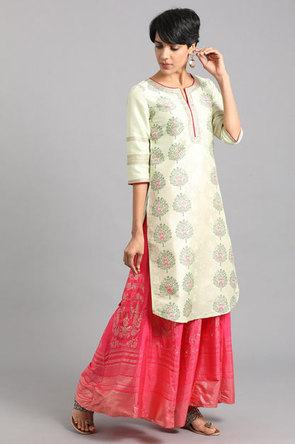 Beige &amp; Green Round Neck Printed kurta