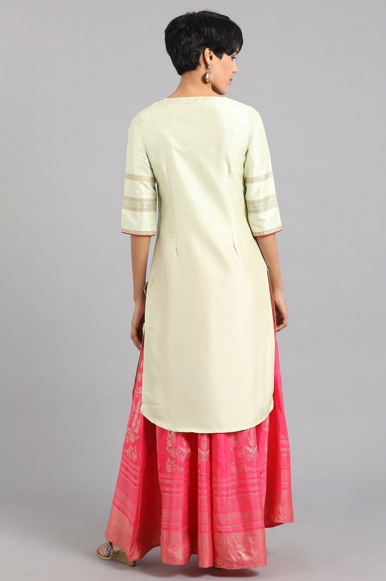 Beige &amp; Green Round Neck Printed kurta