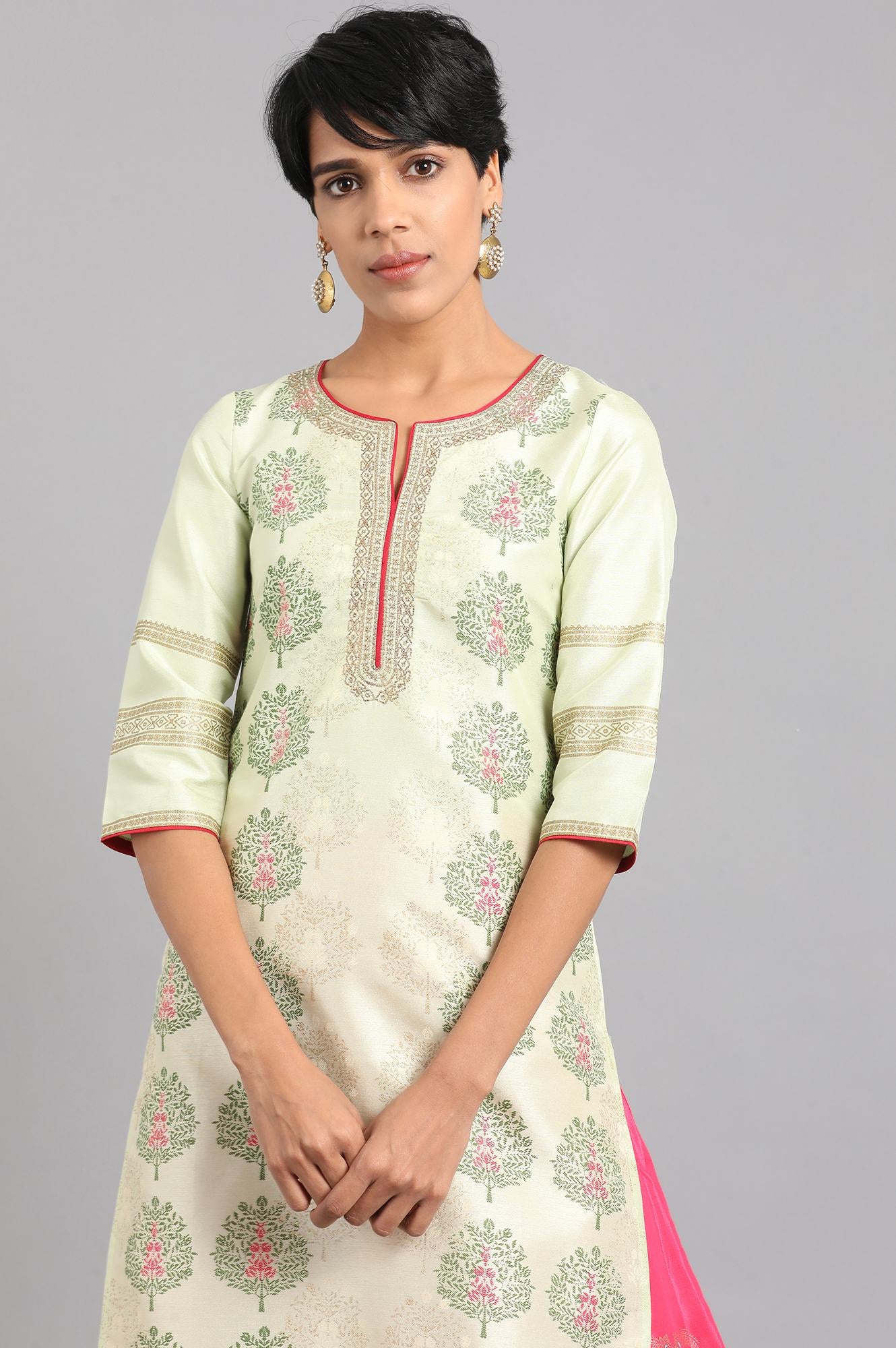 Beige &amp; Green Round Neck Printed kurta