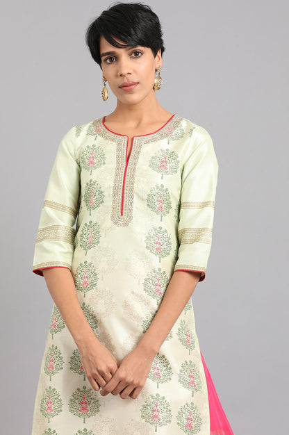 Beige &amp; Green Round Neck Printed kurta