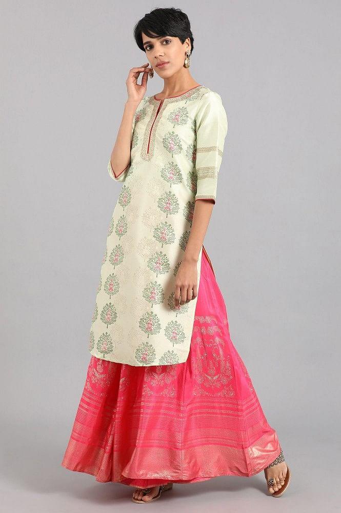 Beige &amp; Green Round Neck Printed kurta - wforwoman