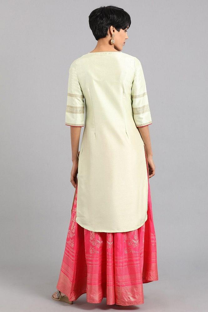 Beige &amp; Green Round Neck Printed kurta - wforwoman