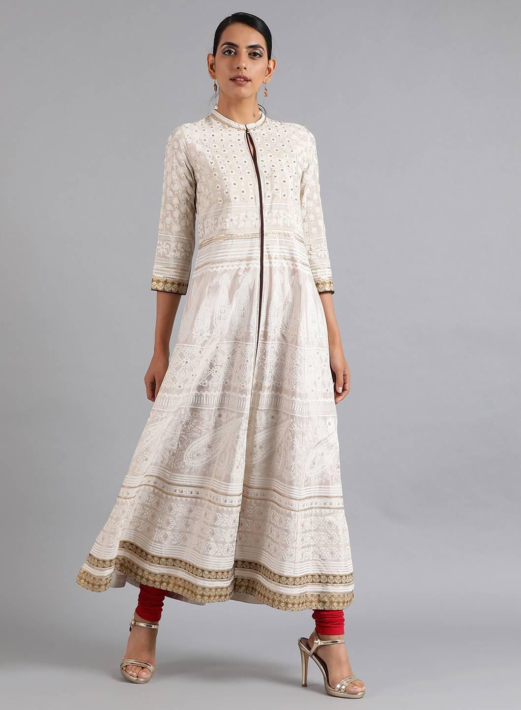 White Mandarin Neck Flared kurta - wforwoman