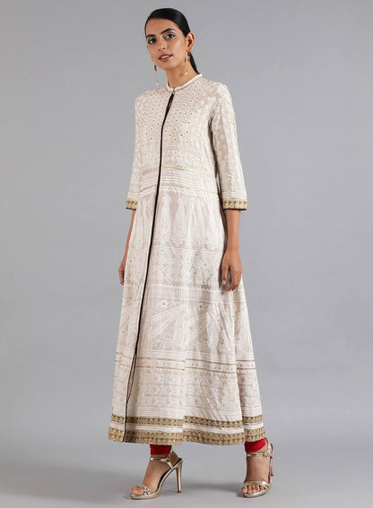 White Mandarin Neck Flared kurta - wforwoman