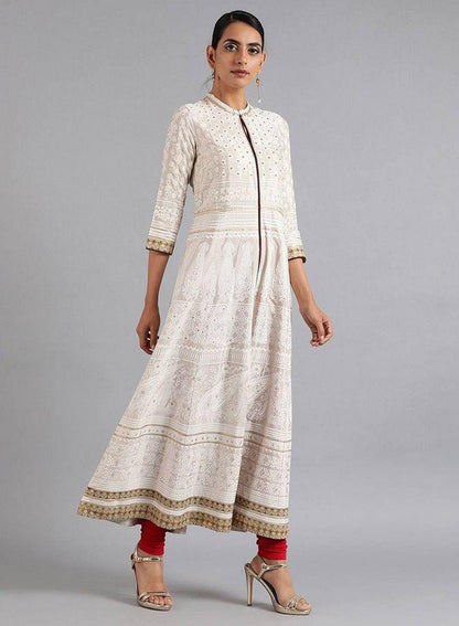 White Mandarin Neck Flared kurta - wforwoman