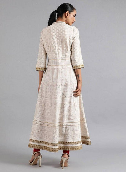 White Mandarin Neck Flared kurta - wforwoman