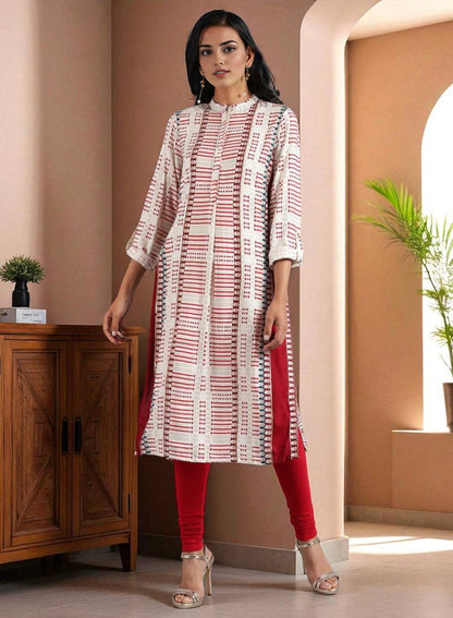 White &amp; Red Mandarin Neck Printed kurta