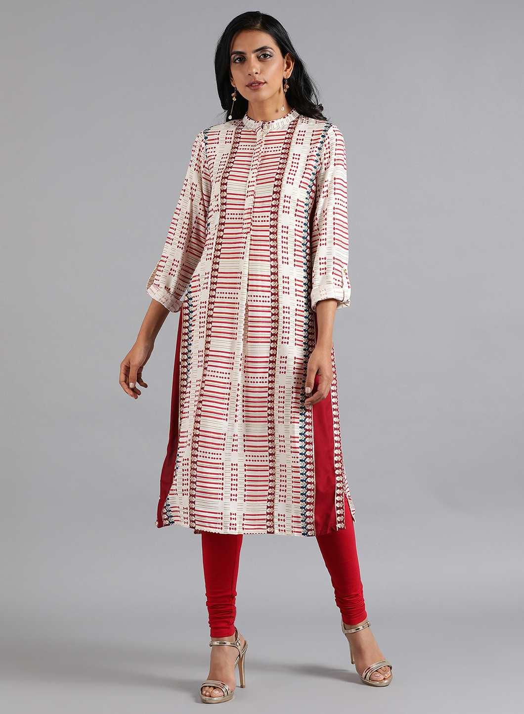 White &amp; Red Mandarin Neck Printed kurta - wforwoman