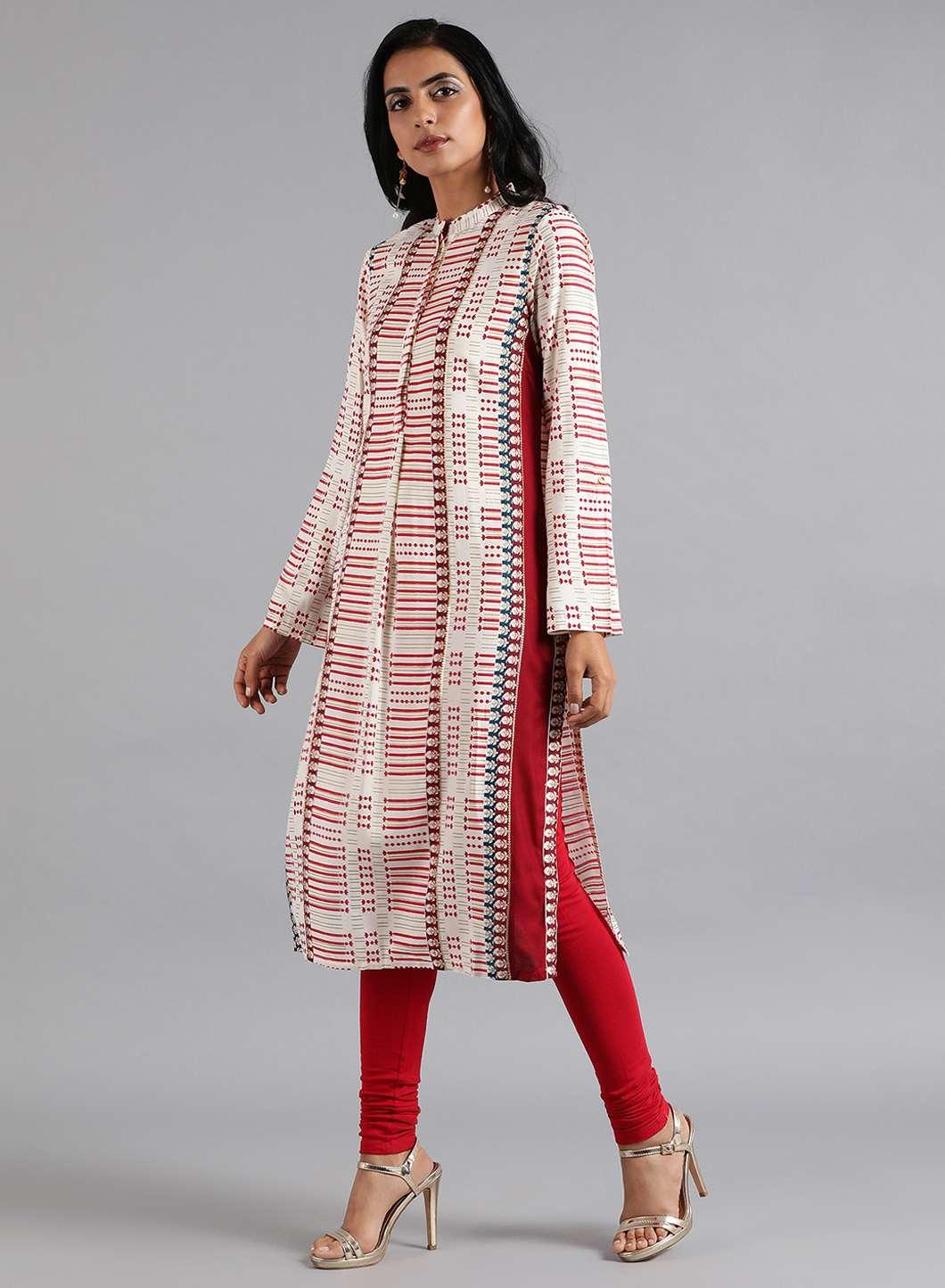 White &amp; Red Mandarin Neck Printed kurta - wforwoman