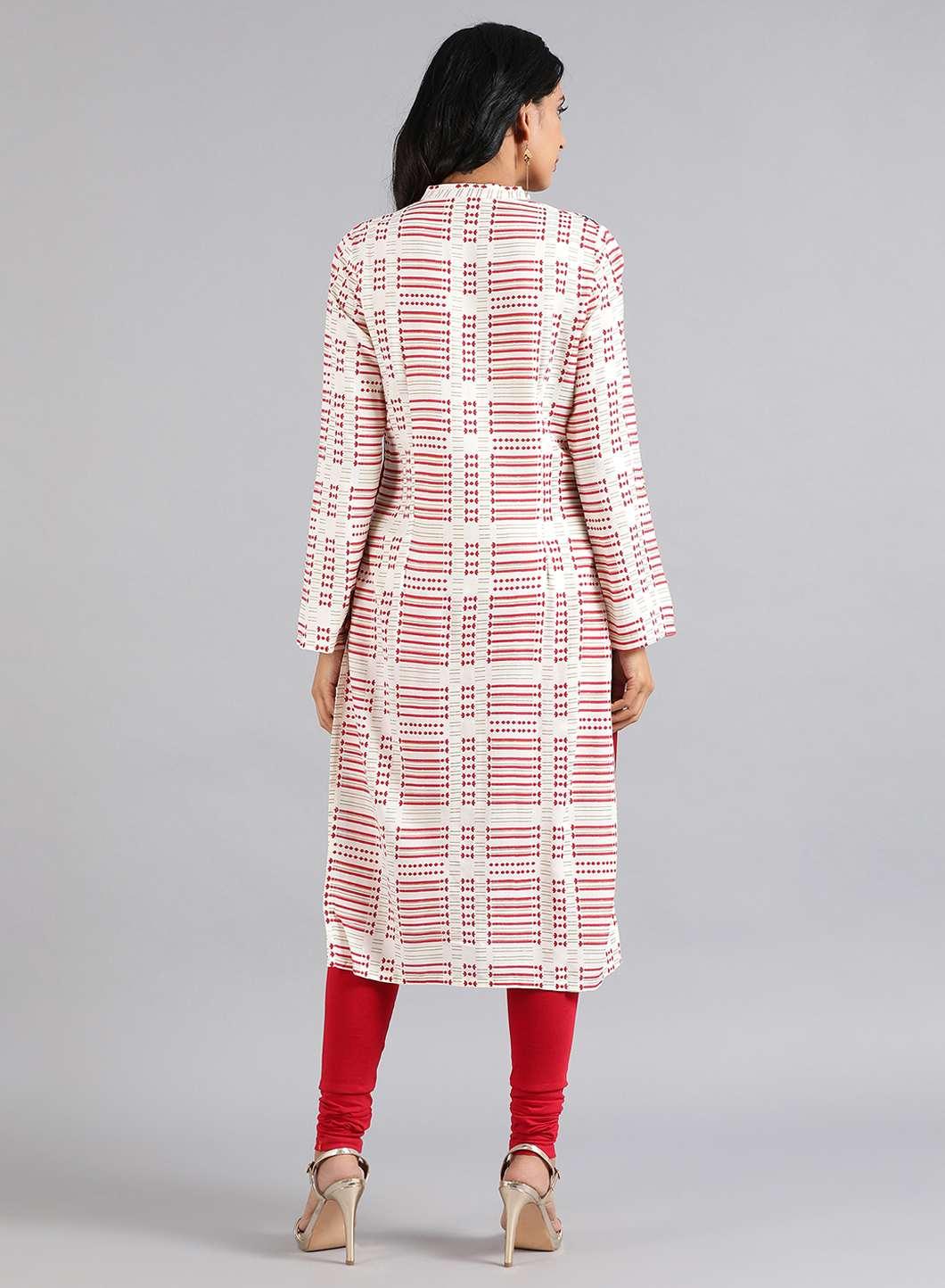 White &amp; Red Mandarin Neck Printed kurta - wforwoman