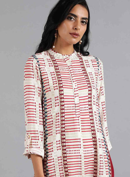 White &amp; Red Mandarin Neck Printed kurta - wforwoman